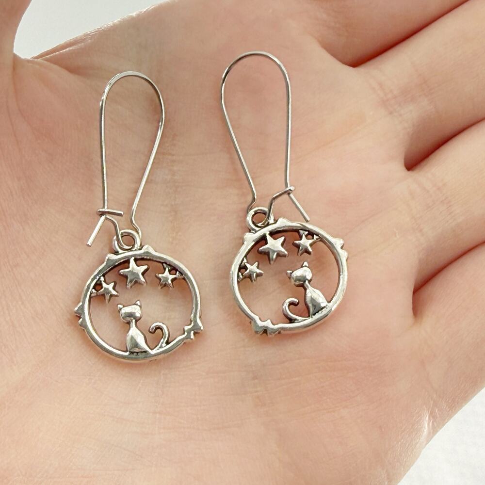 Silver Tone Cat Moon Dangle Earrings | Starry Night Whimsical Celestial Jewelry